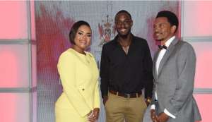 Minister of Sport and Youth Affairs, Shamfa Cudjoe, from left, track and field athlete Jereem Richards and President of the Trinidad and Tobago Olympic Committee, Brian Lewis. AYANNA KINSALE Minister of Sport and Youth Affairs, Shamfa Cudjoe, from left, track and field athlete Jereem Richards and President of the Trinidad and Tobago Olympic Committee, Brian Lewis. AYANNA KINSALE