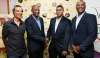 President of the TT Cycling Federation Robert Farrier, second from left, shakes hands with Mukesh Ramsingh of Metro Hotel, while PSL CEO Desmond Roberts, right, and cycling icon Gene Samuels, left, looks on at the PSL Fire on Wheels launch at TTOC headquarters, Abercromby Street, Port of Spain, yesterday. All smiles is from left while TTCF president Robert Farrier. President of the TT Cycling Federation Robert Farrier, second from left, shakes hands with Mukesh Ramsingh of Metro Hotel, while PSL CEO Desmond Roberts, right, and cycling icon Gene Samuels, left, looks on at the PSL Fire on Wheels launch at TTOC headquarters, Abercromby Street, Port of Spain, yesterday. All smiles is from left while TTCF president Robert Farrier.