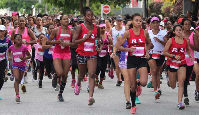 READY, SET, GO....and this group of runners face the starter's gun at the Scotiabank's Women Against Breast Cancer 5K at Skinner Park, San Fernando yesterday.