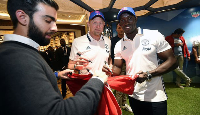  Dwight Yorke and former Manchester United team-mate Peter Schmeichel at a recent event in Dubai. Photograph: Tom Dulat/Getty Images  