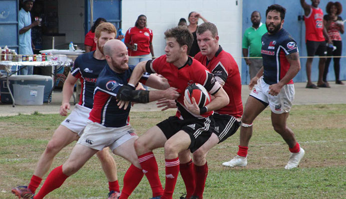Trinidad and Tobago tussle with USA South in a RAN 15s Tournament match last weekend at St Mary’s Ground, St Clair. TT won 34-33.
