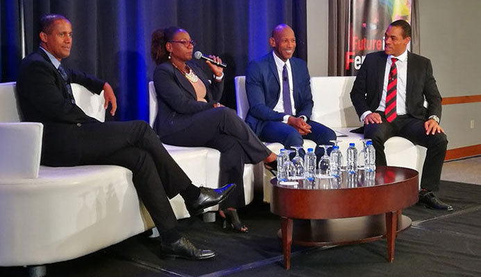 Moderator Nicole Duke-Westfield makes a point during last week’s panel on evaluating business plans at the sports industry conference hosted by the Trinidad And Tobago Olympic Committee at the Hyatt Regency in Port of Spain