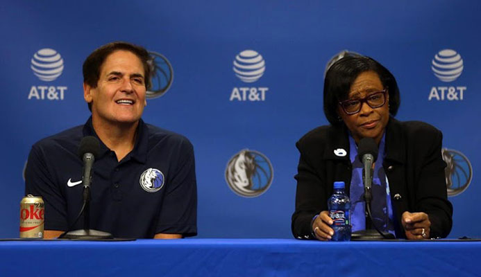 DALLAS, TEXAS – FEBRUARY 26: Mark Cuban and Cynthia Marshall look on during a press conference to introduce Cynthia Marshall as the new Dallas Mavericks Interim CEO at American Airlines Center on February 26, 2018 in Dallas, Texas. (Photo by Omar Vega/Getty Images)