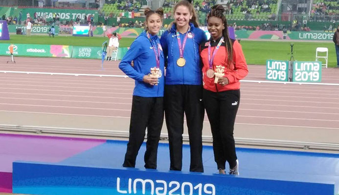 (Left to right) Sydney Barta and Beatriz Hatz and Nyoshia Cain-Claxton pose with their medals after the women's 200-metre final at the Parapan American Games in Lima, Peru on Sunday. Photo source, Facebook page of Nyoshia Cain-Claxton