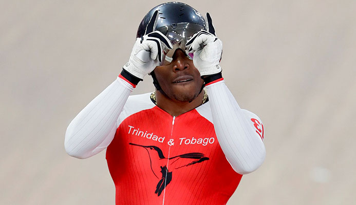 DOUBLE GOLD MEDALLIST! Nicholas Paul of T&T celebrates beating compatriot Phillip Njisanel, also of T&T, to win the gold medal in the track cycling men's sprint final at the Pan American Games in Lima, Peru on August 3. (AP)