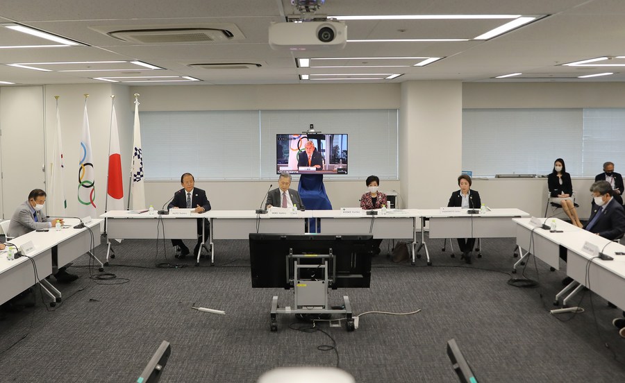 Thomas Bach (on the screen), president of International Olympic Committee (IOC), speaks remotely during the video meeting of the 10th IOC Coordination Commission for the Games of the XXXII Olympiad - Tokyo 2020 in Tokyo, Japan, Sept. 24, 2020. (Xinhua/Du Xiaoyi)