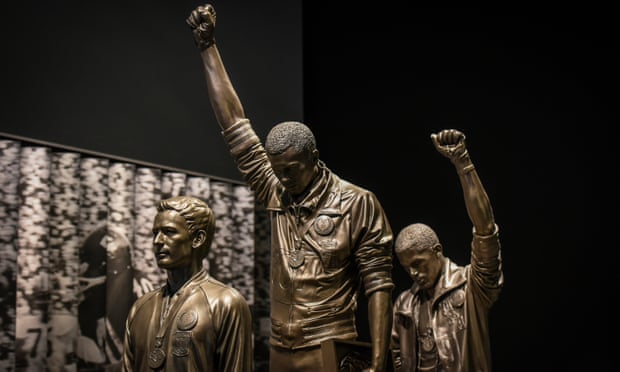  A statue depicting US athletes Tommie Smith and John Carlos as they raised gloved fists during the medal ceremony at the 1968 Olympics is housed at the Smithsonian Institute’s National Museum of African American History & Culture. Photograph: The Washington Post/Getty Images