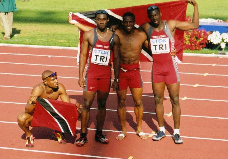 FLASHBACK: Jacey Harper, left, Darrel Brown, Ato Boldon and Marc Burns celebrate Trinidad and Tobago's men's 4x100 metres podium finish at the 2001 IAAF World Championships in Edmonton, Canada.