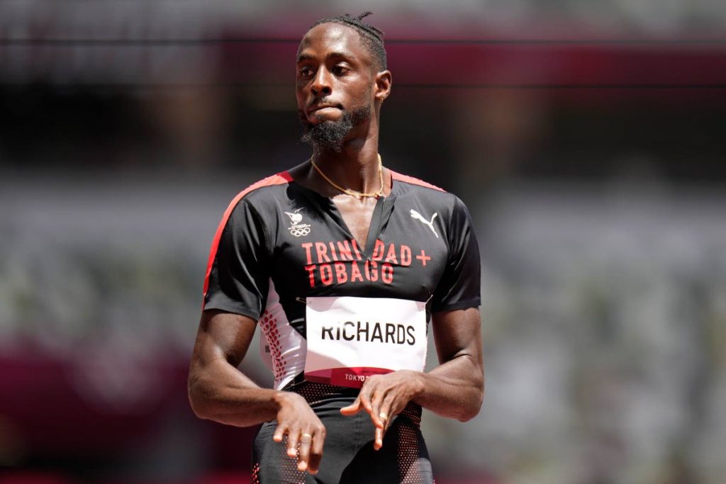 Jereem Richards, of Trinidad and Tobago, reacts after winning his heat in the men's 200m event at the 2020 Summer Olympics, Tuesday, in Tokyo. Jereem later qualified for the final. (AP Photo) -