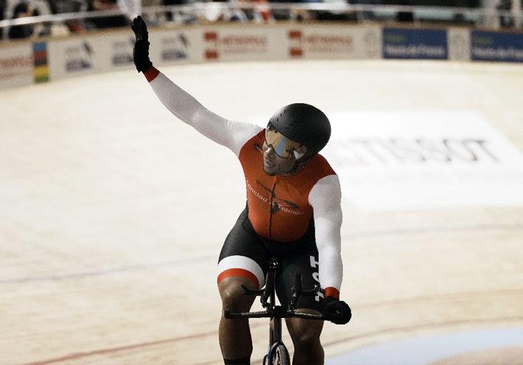TEAM TTO’s Nicholas Paul waves during the men’s kilometre time trial at the UCI Track Cycling World Championships in Roubaix, France, yesterday. —Photo: AP