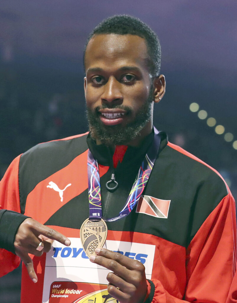 Trinidad and Tobago's bronze medallist Deon Lendore poses during the medal ceremony for the men's 400-merer final at the World Athletics Indoor Championships in Birmingham, Britain, in this March 3, 2018 file photo. Lendore, 29, a former Olympic sprinter and bronze medallist for TT and NCAA champion at Texas A&M, was killed in a head-on collision in Texas, state police said, on Tuesday. (AP Photo)