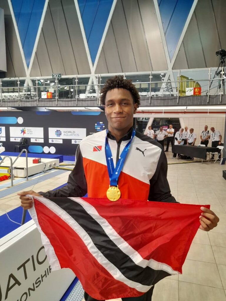 Trinidad and Tobago swimmer Nikoli Blackman celebrates after winning gold in the men's 50m freestyle event at the World Aquatics Junior Swimming Championships 2023 in Netanya, Israel on Thursday. - Bertram Blackman (Image obtained at newsday.co.tt)