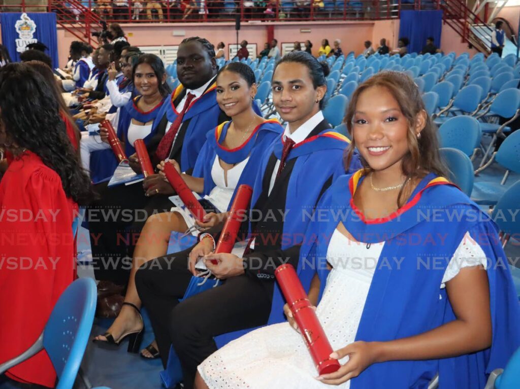 Kirsten Paige St Omer, Vinaya Boodram, Clayton Knott, Britanny Mahabir and Nand Sookhan, are the first group of graduates from the faculty of Sport at UWI St Augustine. - Photo by Roger Jacob (Image obtained at guardian.co.tt)