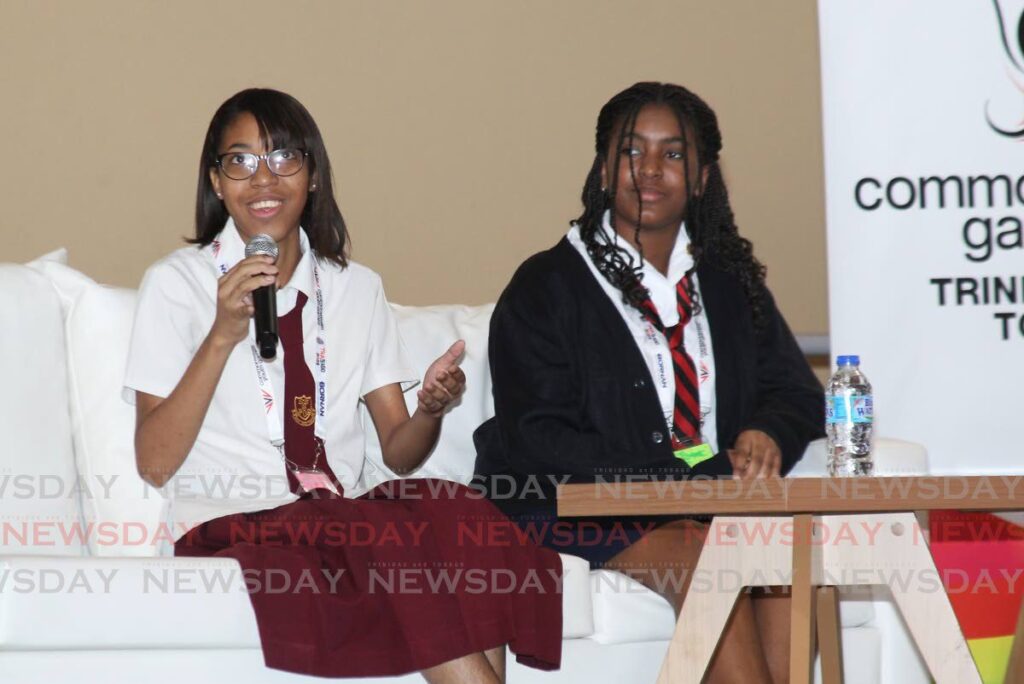 Brianna Simon, student of South East Port of Spain Secondary School, speaks on the topic of safeguarding for a panel discussion along with Kyra Lucio-Barrow of Bishop Anstey High School at An Ear for Youth Youth Voice Conference at Bishop Anstey High School, Port of Spain on February 23. - Photo by Faith Ayoung (Image obtained at newsday.co.tt)