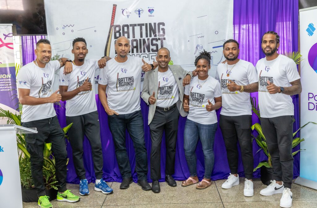 From left: Cricketers Rayad Emrit, Kharry Pierre, TTCS chairman Robert Dumas, Senior Manager, Group Marketing & Communications, Republic Bank Kwame Blanchfield, cricketers Caneisha Isaac, Terrance Hinds, Kjorn Ottley at the TTCS’s launch Relay for Life 2024 event Batting Against Cancer with Republic Bank at RBL Sports Complex, Barataria on June 13. - (Image obtained at newsday.co.tt)