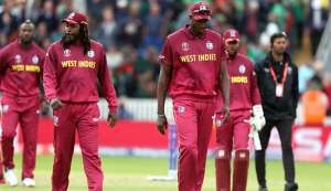 DEJECTED! West Indies captain Jason Holder, centre, lead his players walk off dejected after losing the Cricket World Cup match between West Indies and Bangladesh at The Taunton County Ground, Taunton, south west England, yesterday. (AP) DEJECTED! West Indies captain Jason Holder, centre, lead his players walk off dejected after losing the Cricket World Cup match between West Indies and Bangladesh at The Taunton County Ground, Taunton, south west England, yesterday. (AP)